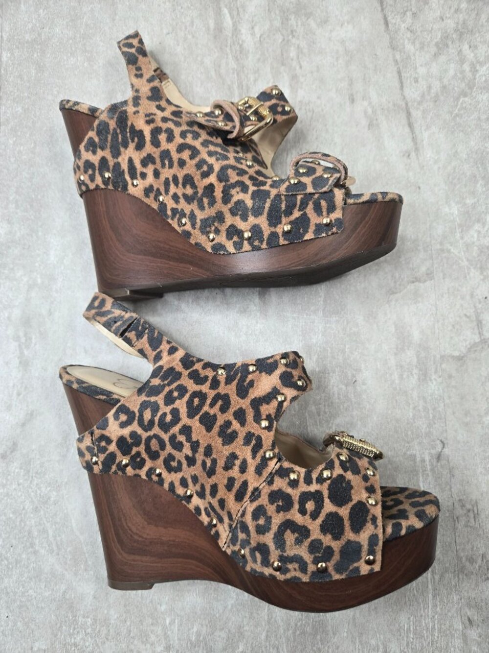Platform Wedge Sandals 8.5 Leopard Print Peep Toe Studded Buckle Y2k Retro Glam - Picture 5 of 12